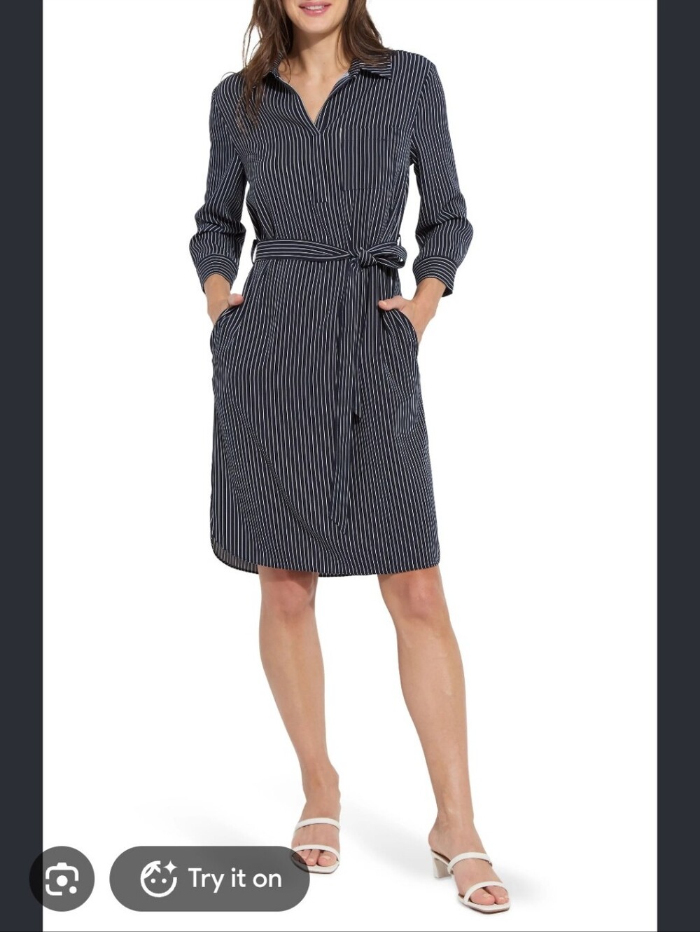 Lysse Navy and White Pinstripe Popover Shirtdress With Pockets
